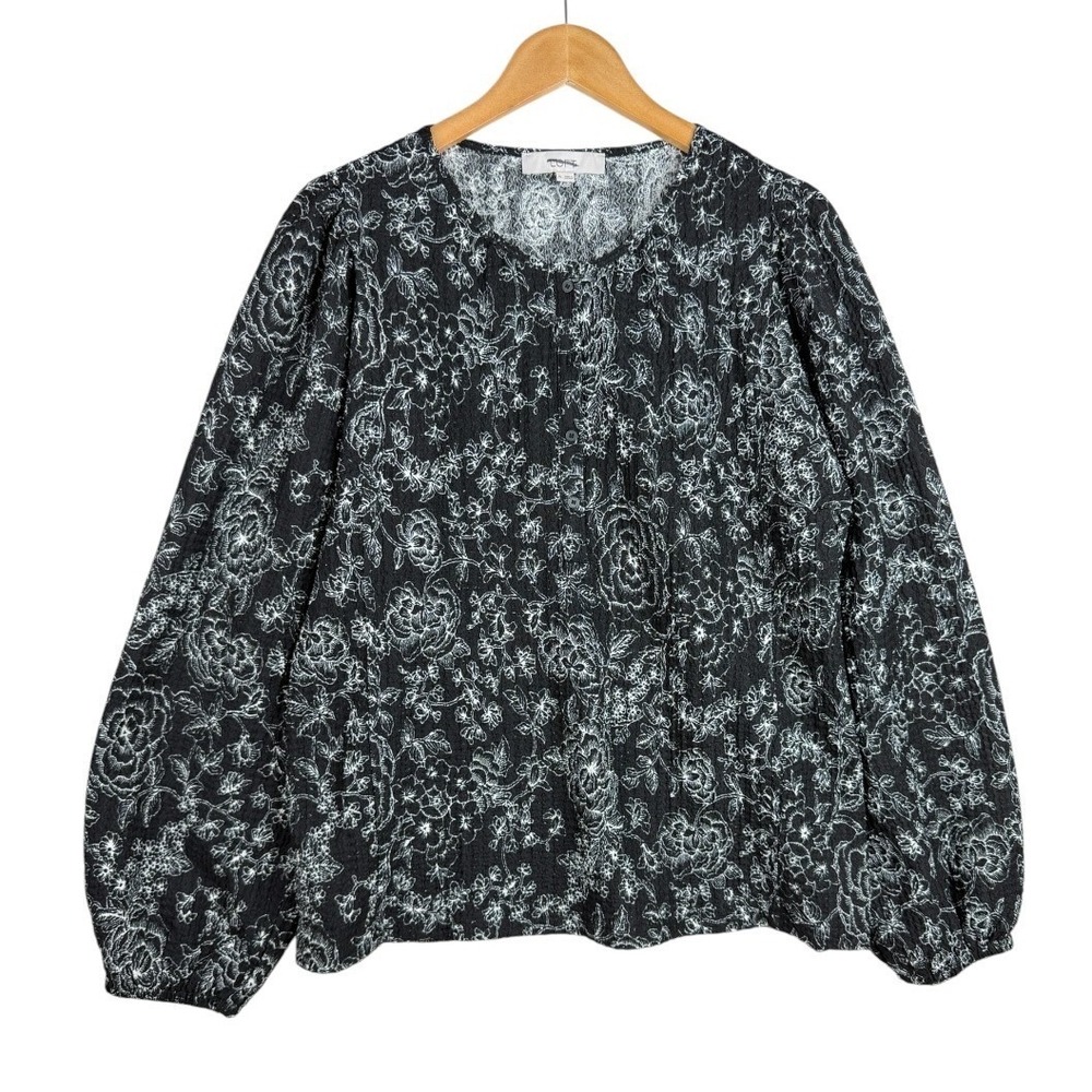 Loft Women's Floral Print Balloon Sleeve Blouse size XL Black/White